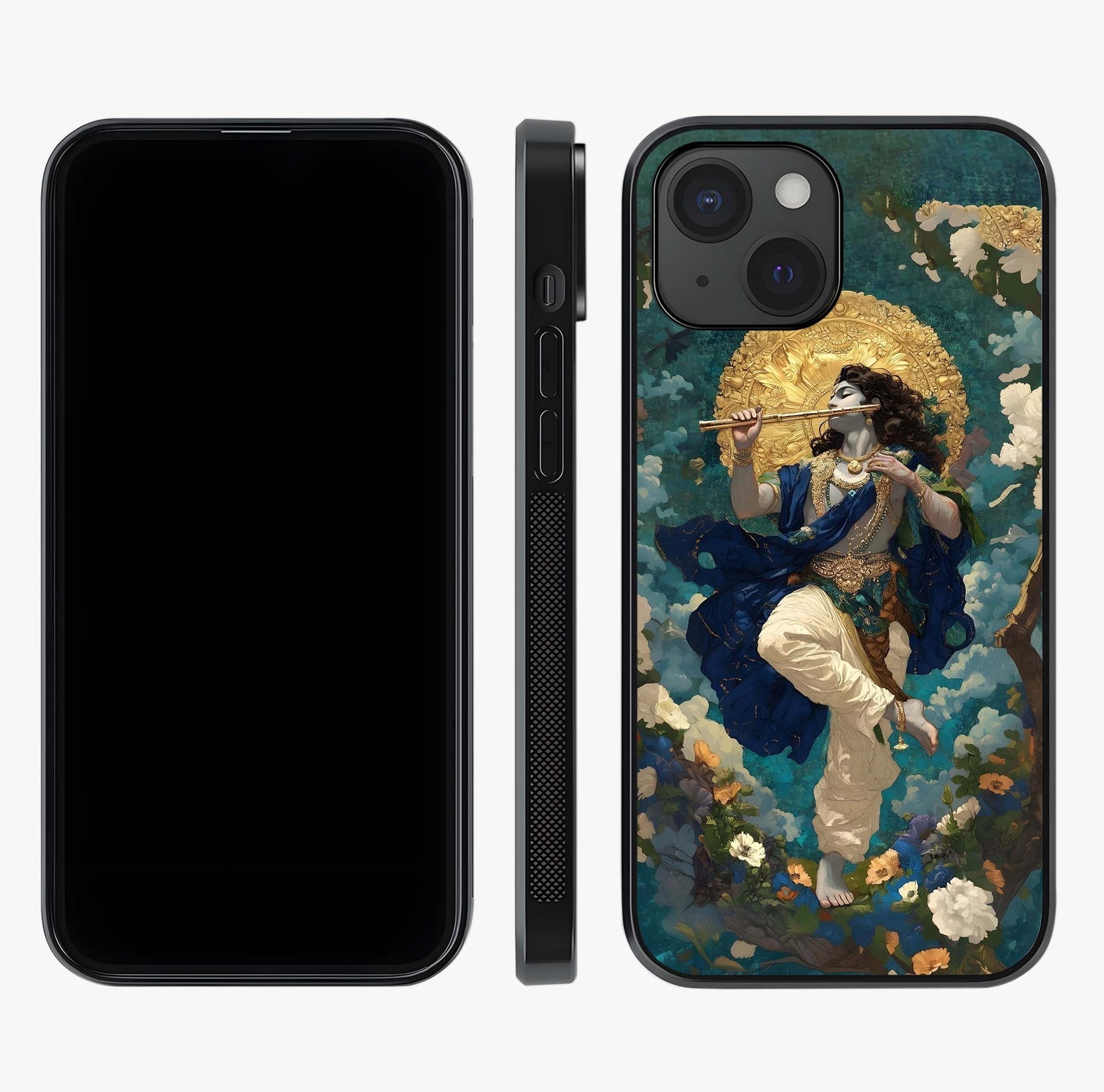 Divine Krishna Art Glass Case displayed upright for full design visibility and premium finish.