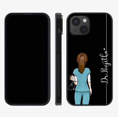 Doctor Pattern Custom Name Glass Case displayed upright for full design visibility and premium finish.