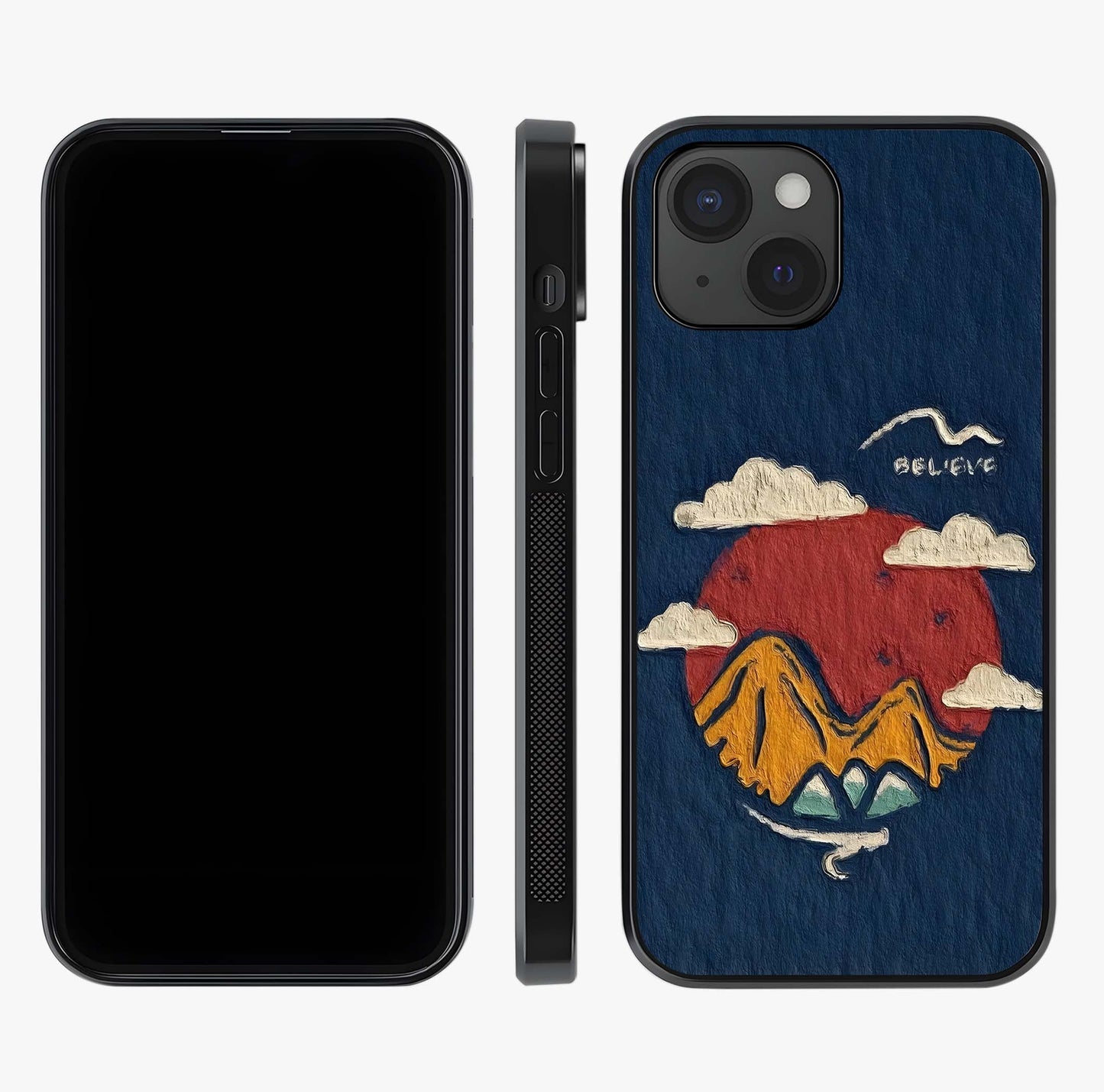 Dream Beyond Mountains Glass Case displayed upright for full design visibility and premium finish.
