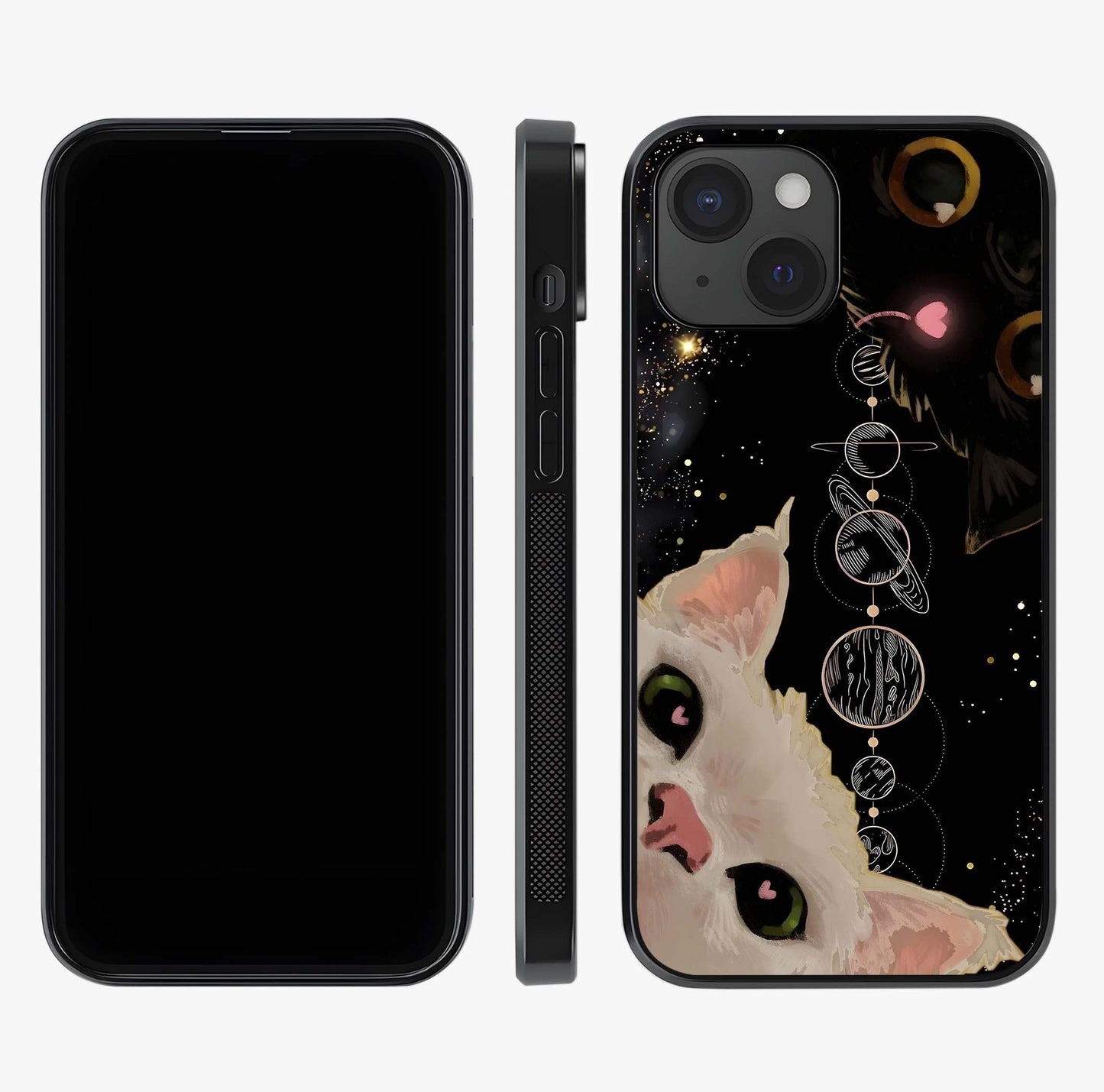 Galactic Cat Glass Case displayed upright for full design visibility and premium finish.