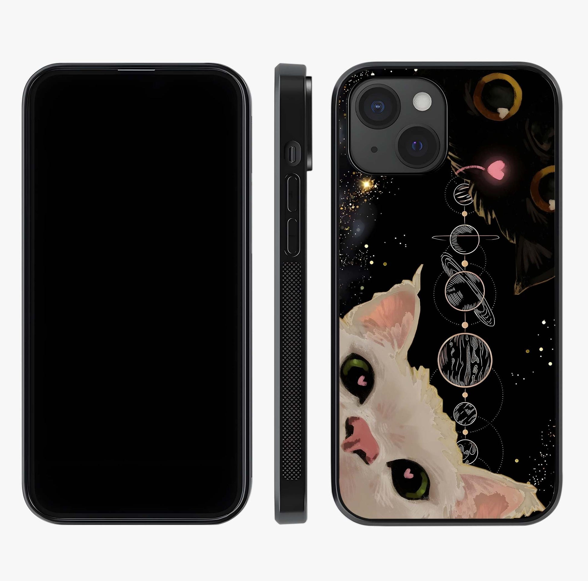 Galactic Cat Glass Case displayed upright for full design visibility and premium finish.