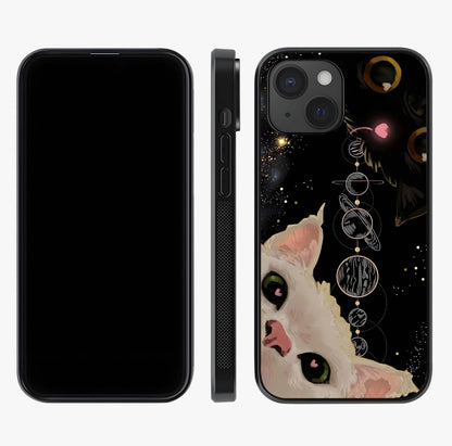 Galactic Cat Glass Case displayed upright for full design visibility and premium finish.