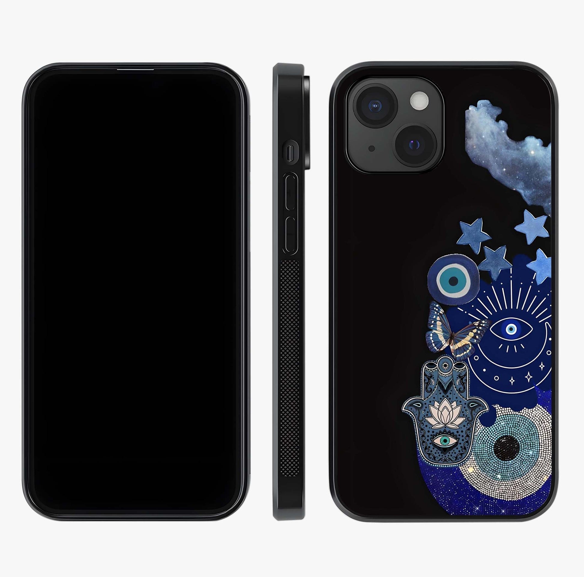 Galactic Charm Cluster Glass Case displayed upright for full design visibility and premium finish.