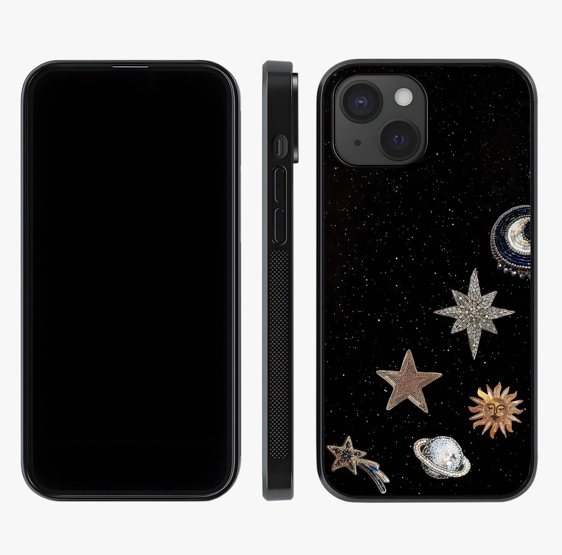Galactic Charm Glow Glass Case displayed upright for full design visibility and premium finish.