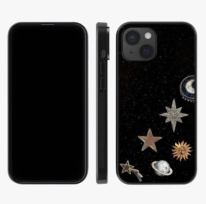 Galactic Charm Glow Glass Case displayed upright for full design visibility and premium finish.