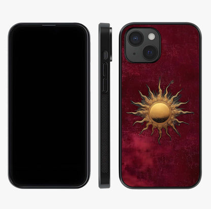 Gold Sun Blush Glass Case displayed upright for full design visibility and premium finish.