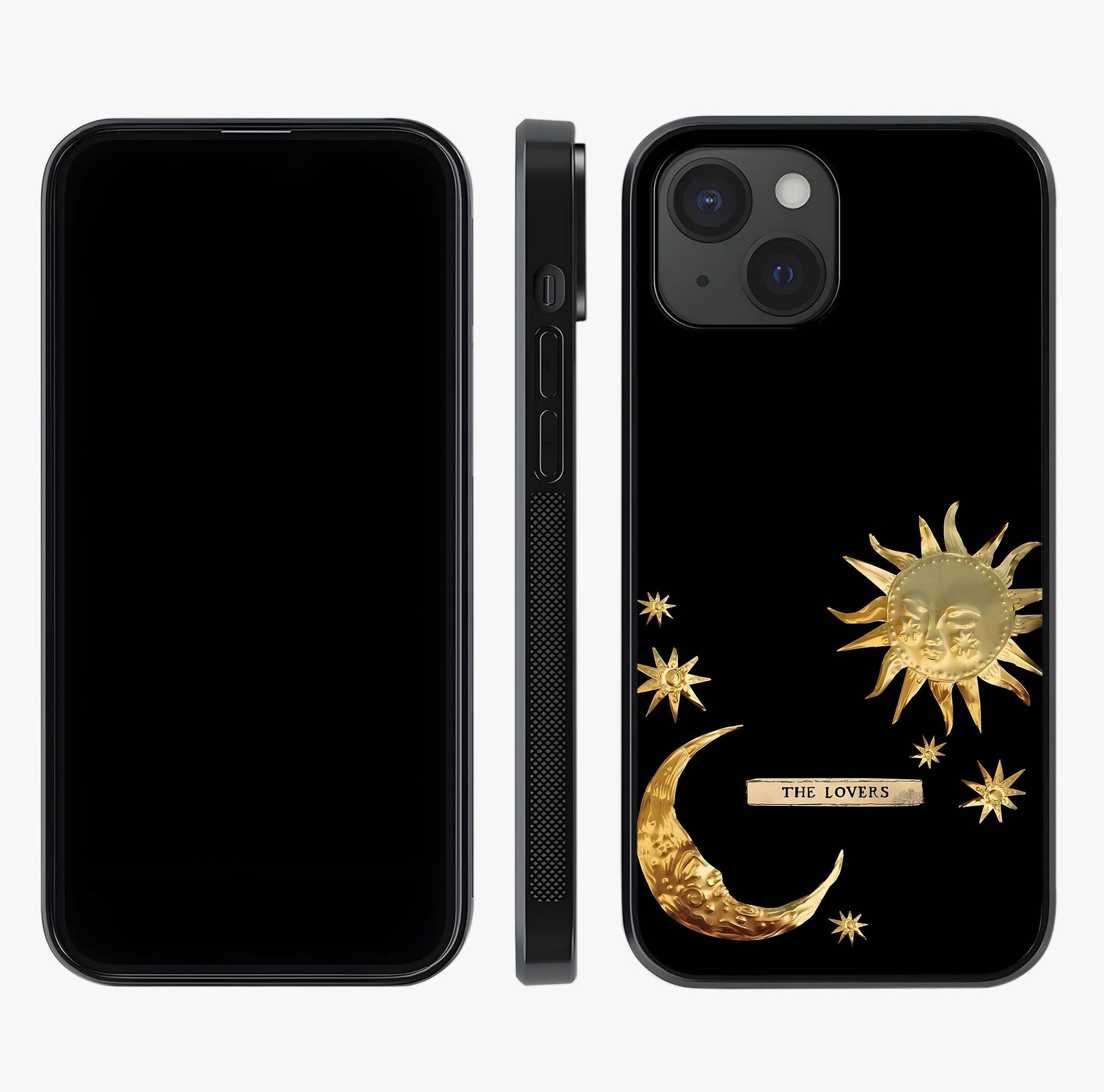 Golden Celestial Charm Glass Case displayed upright for full design visibility and premium finish.