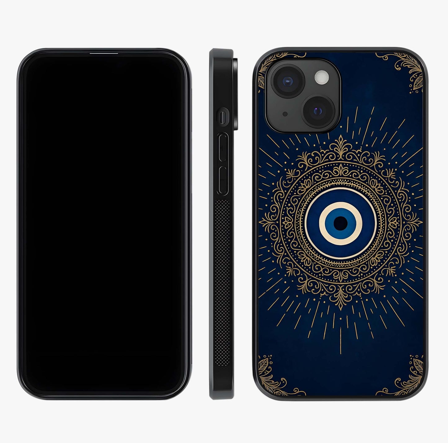 Golden Evil Eye Mandala Glass Case displayed upright for full design visibility and premium finish.