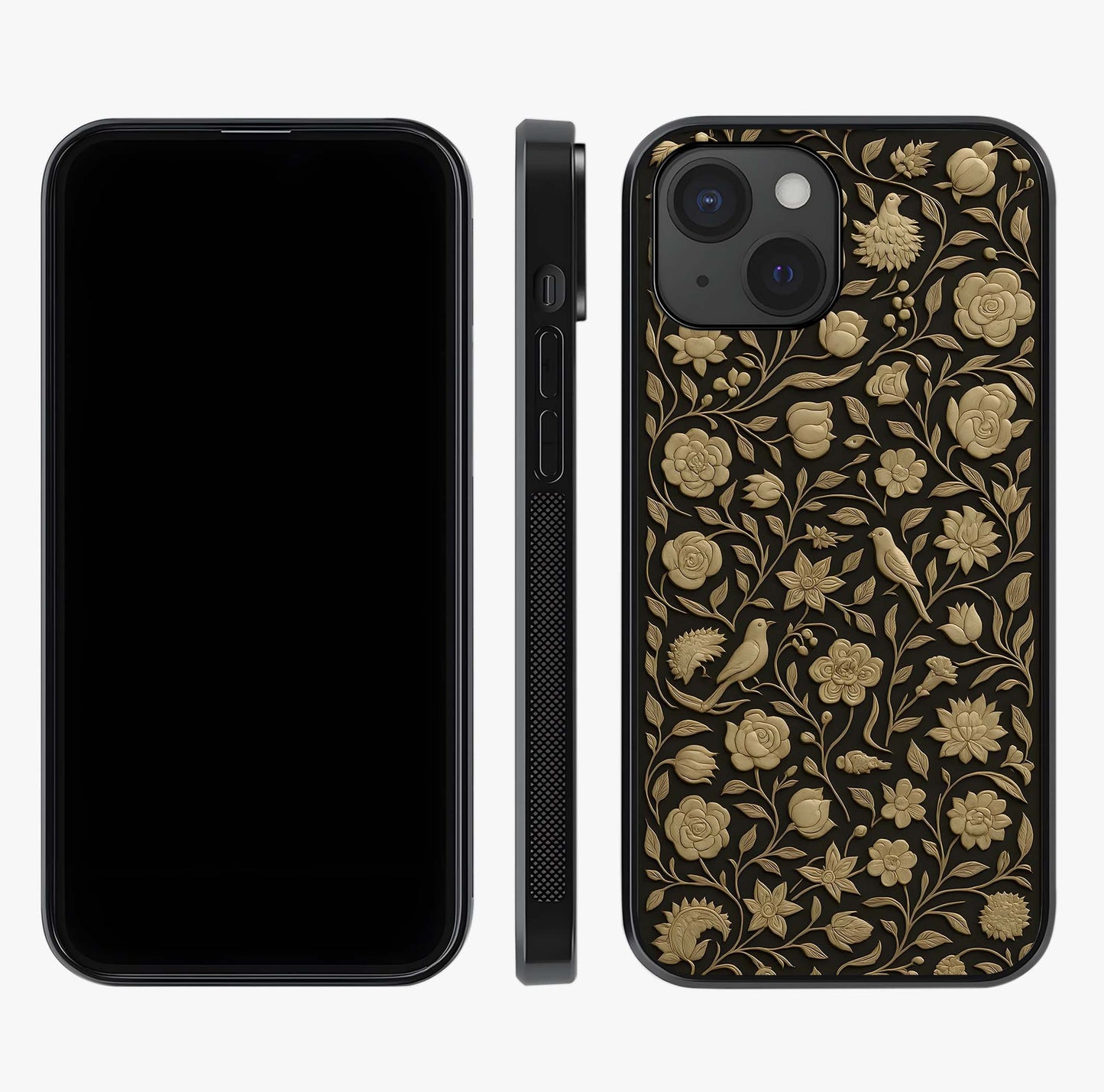 Golden Floral Majesty Glass Case displayed upright for full design visibility and premium finish.