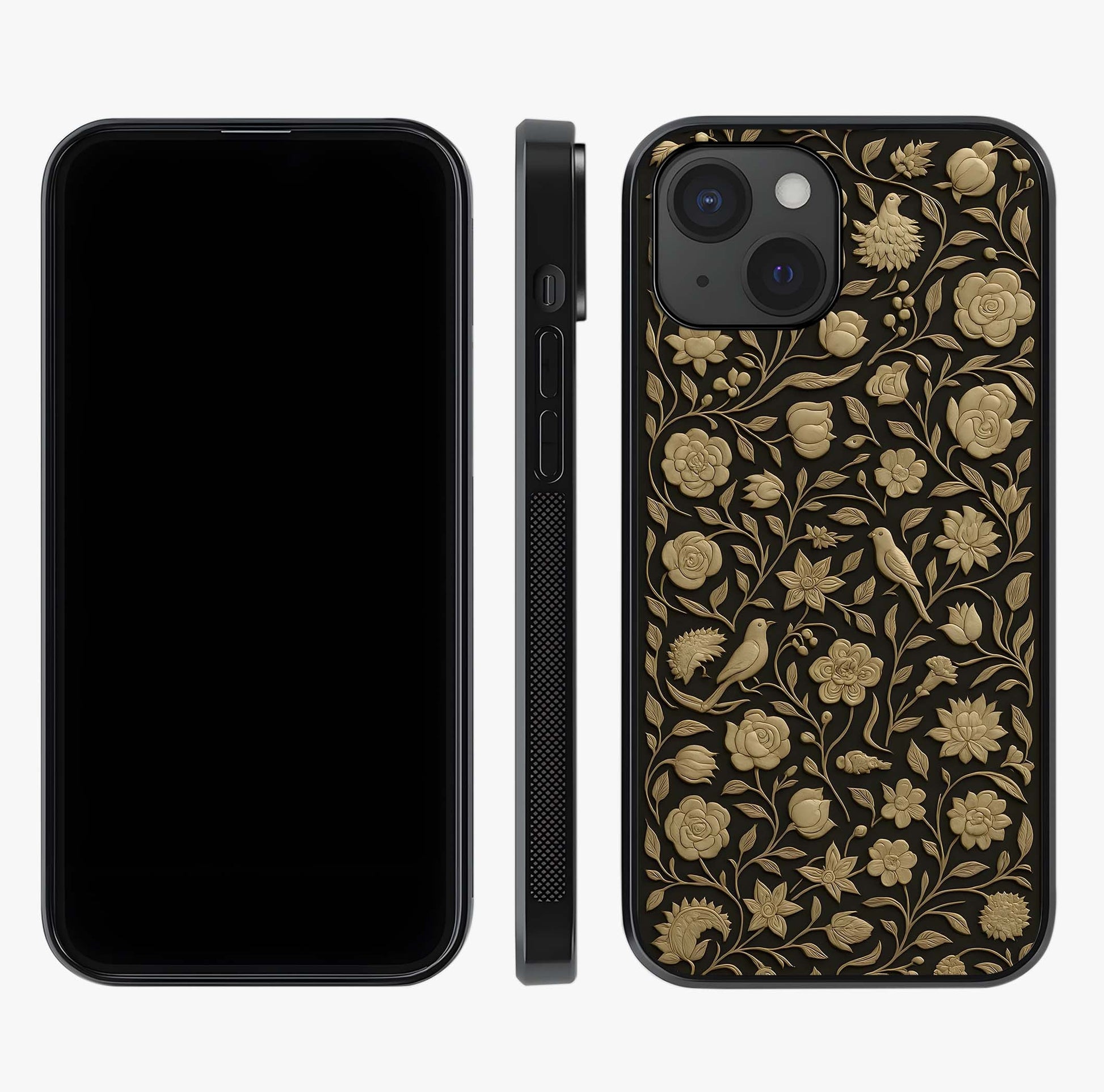 Golden Floral Majesty Glass Case displayed upright for full design visibility and premium finish.
