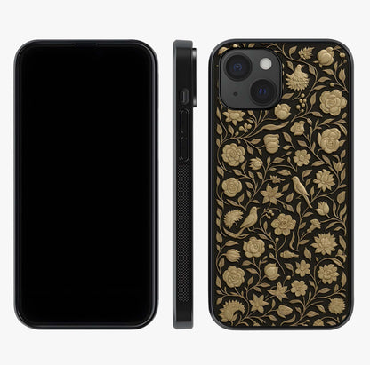 Golden Floral Majesty Glass Case displayed upright for full design visibility and premium finish.