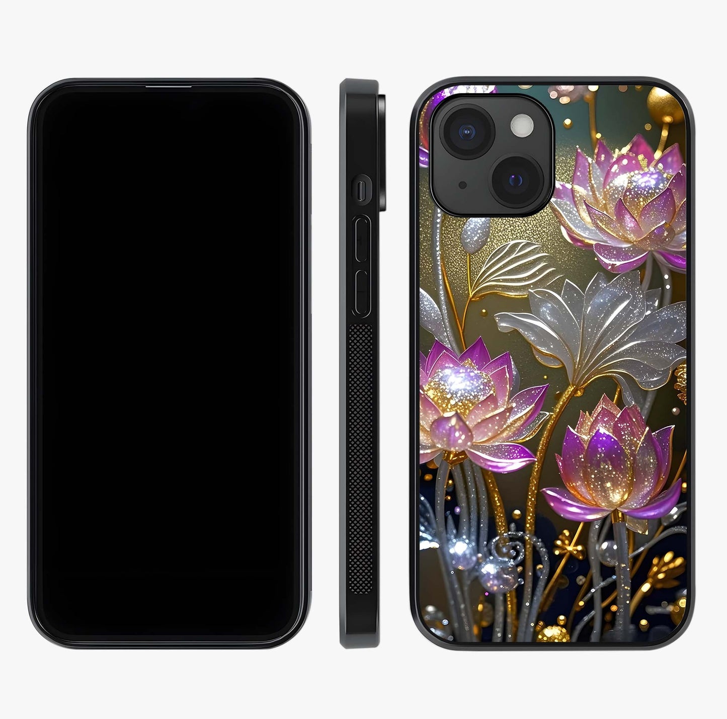 Golden Lotus Glow Glass Case displayed upright for full design visibility and premium finish.