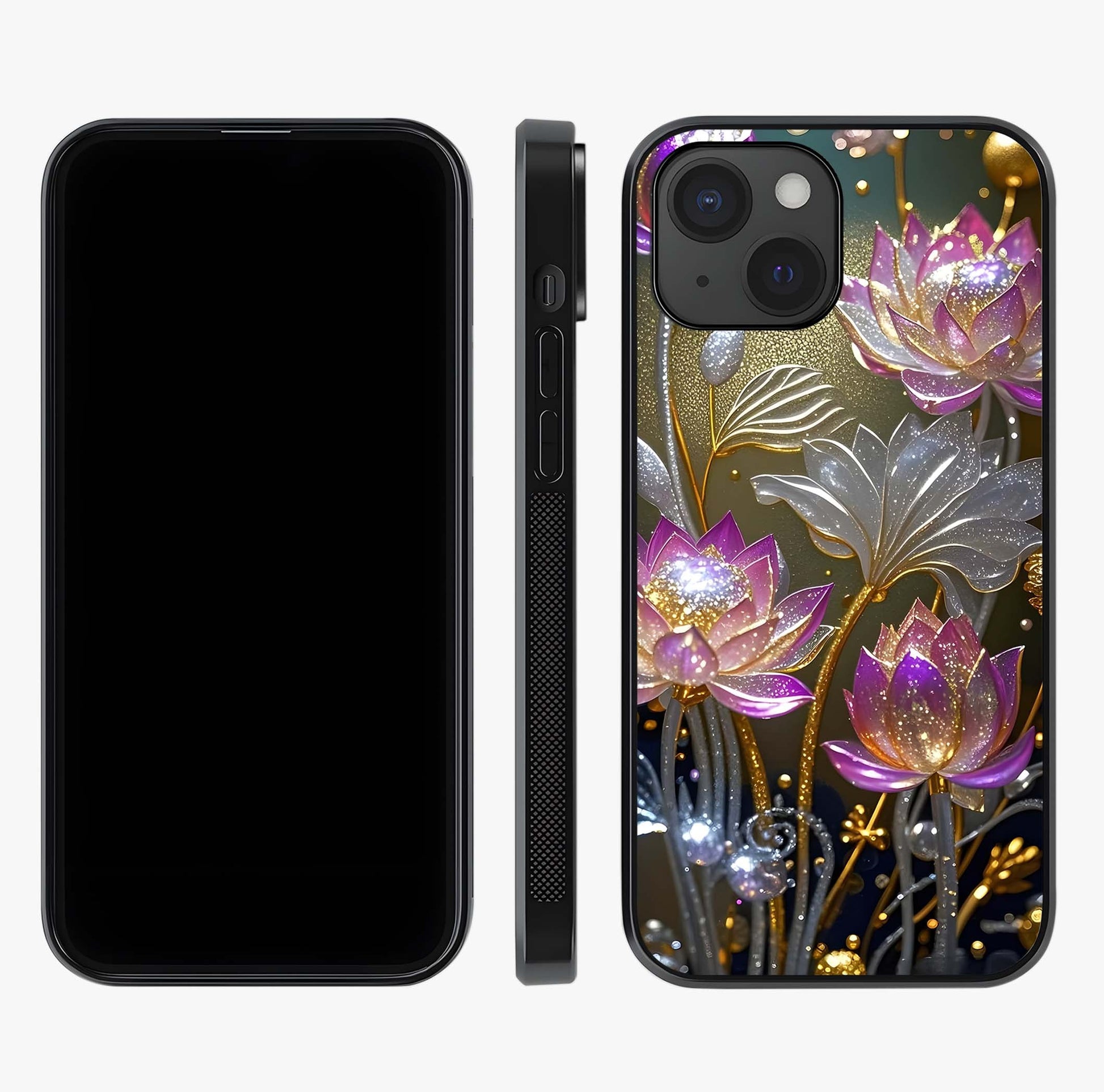 Golden Lotus Glow Glass Case displayed upright for full design visibility and premium finish.