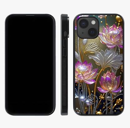 Golden Lotus Glow Glass Case displayed upright for full design visibility and premium finish.