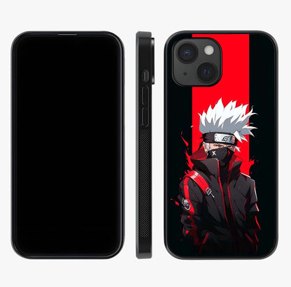 Kakashi Scarlet Shadow Glass Case displayed upright for full design visibility and premium finish.