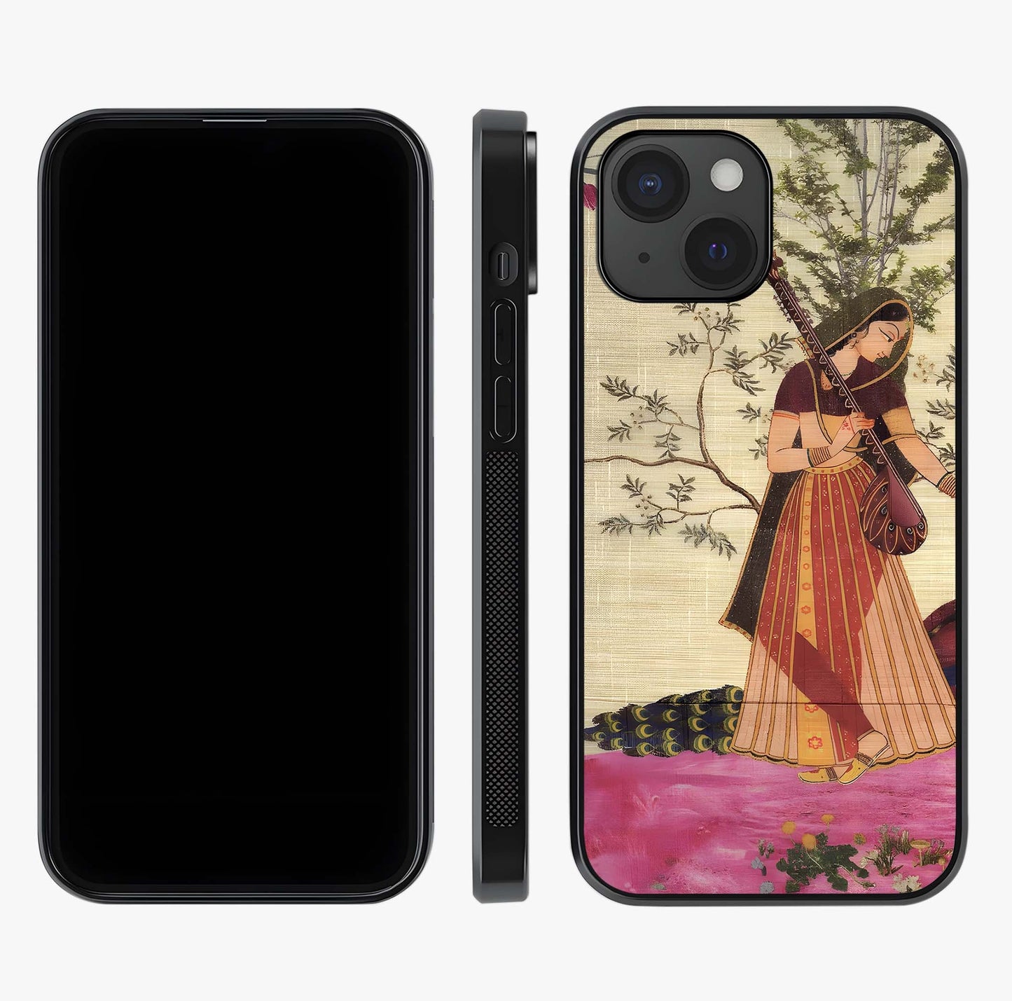 Lady With Veena Art Glass Case displayed upright for full design visibility and premium finish.