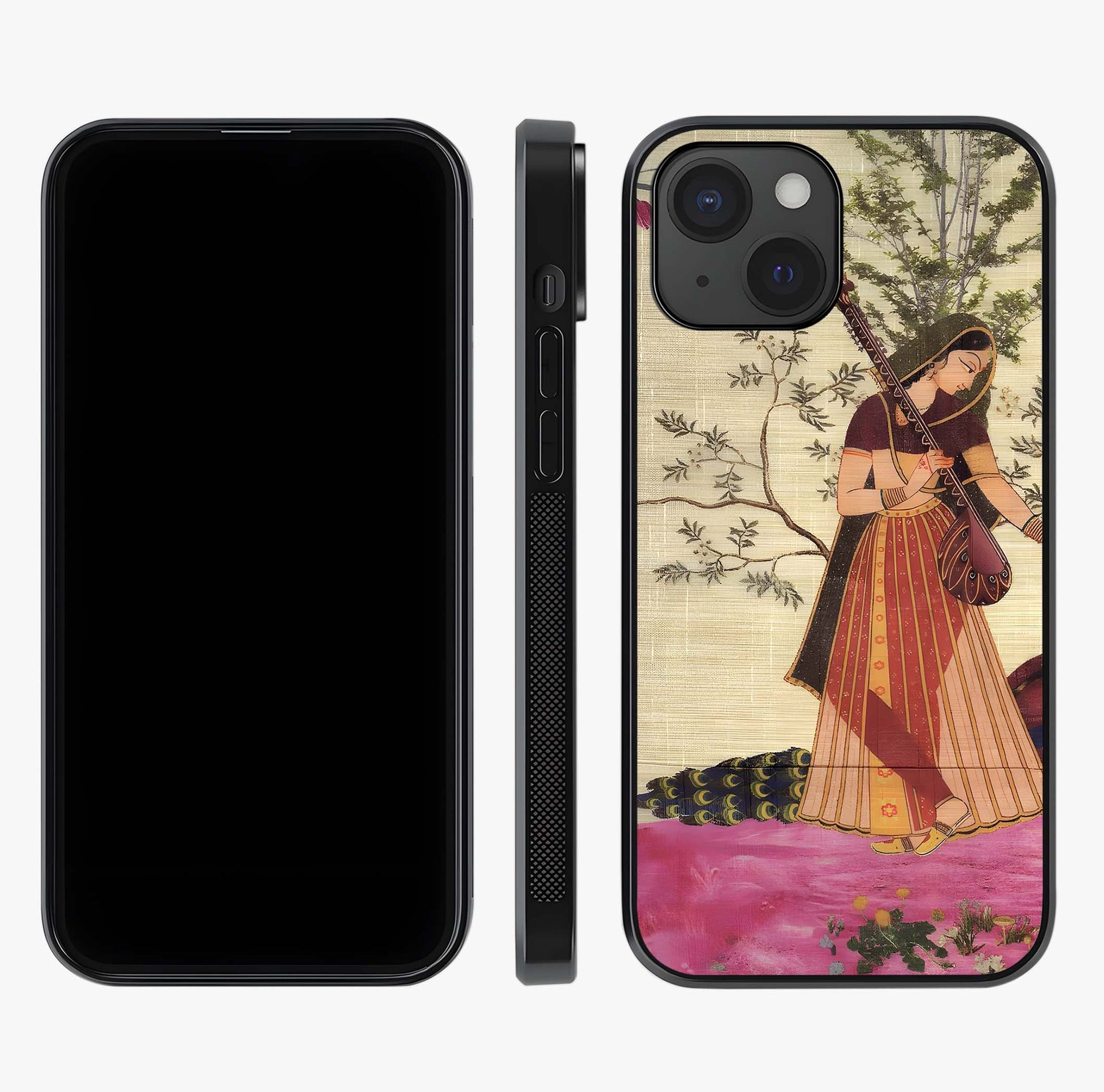 Lady With Veena Art Glass Case displayed upright for full design visibility and premium finish.