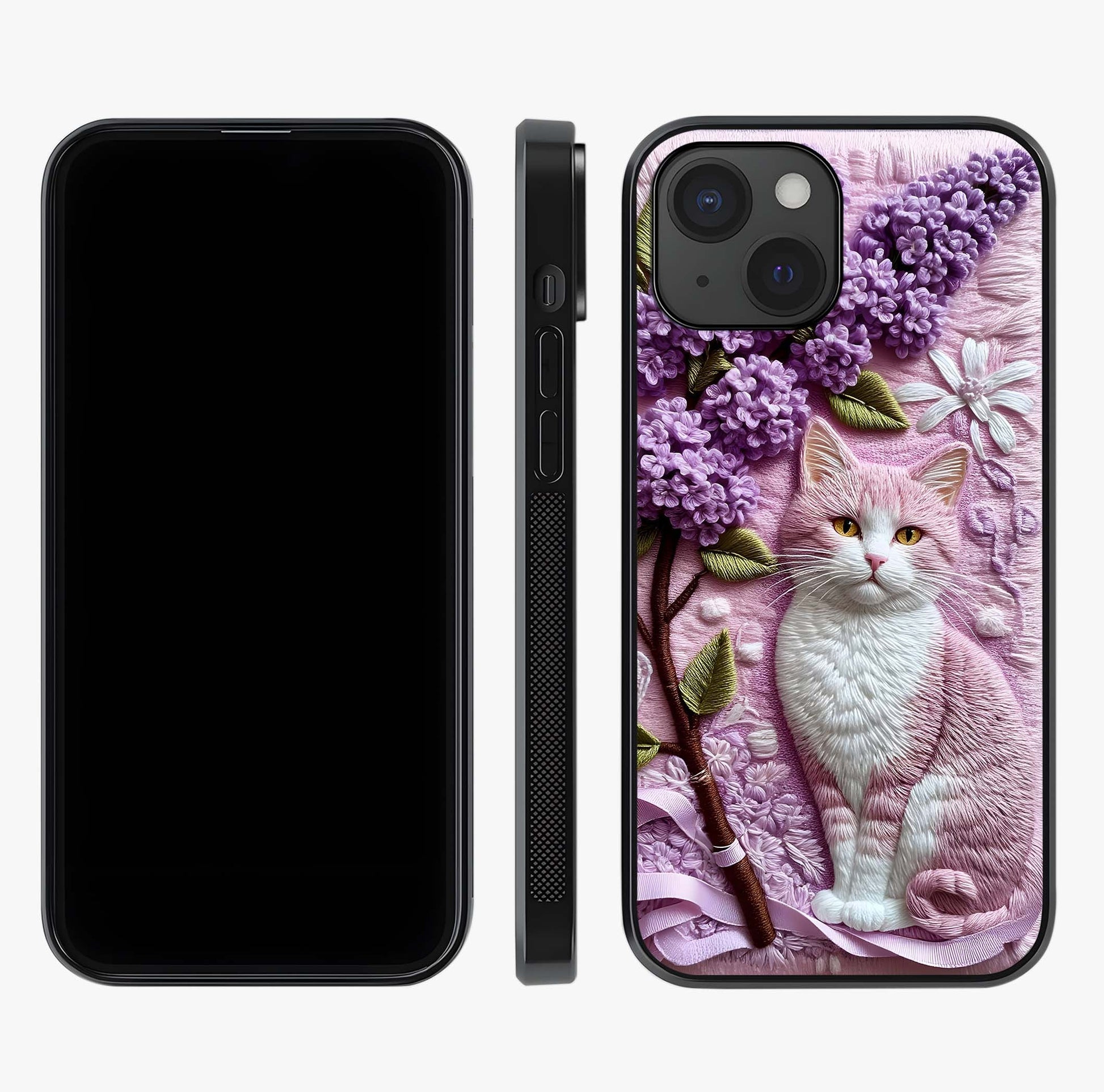 Lavender Cat Whimsy Glass Case displayed upright for full design visibility and premium finish.