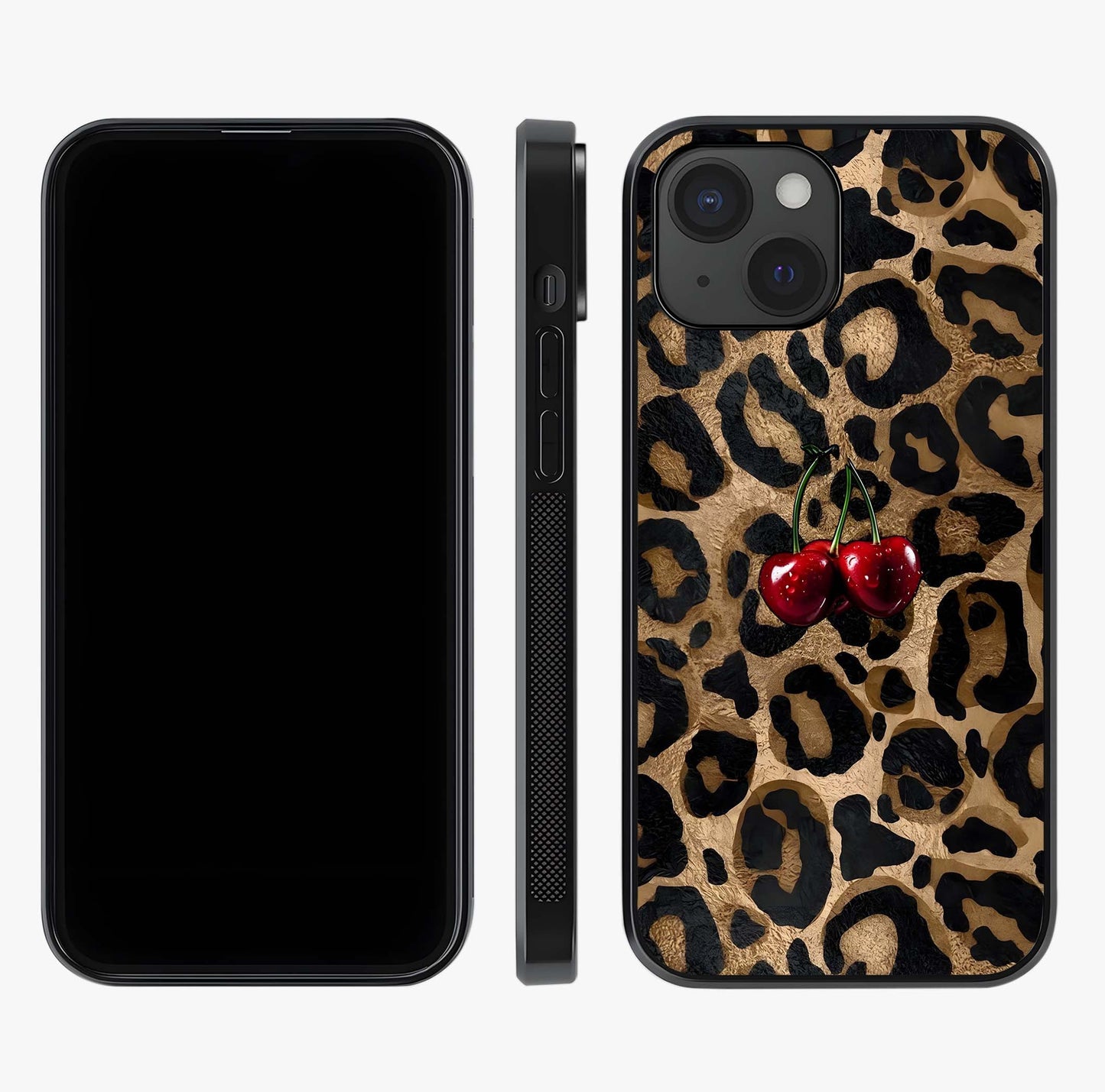 Leopard Wild Cherry Glass Case displayed upright for full design visibility and premium finish.