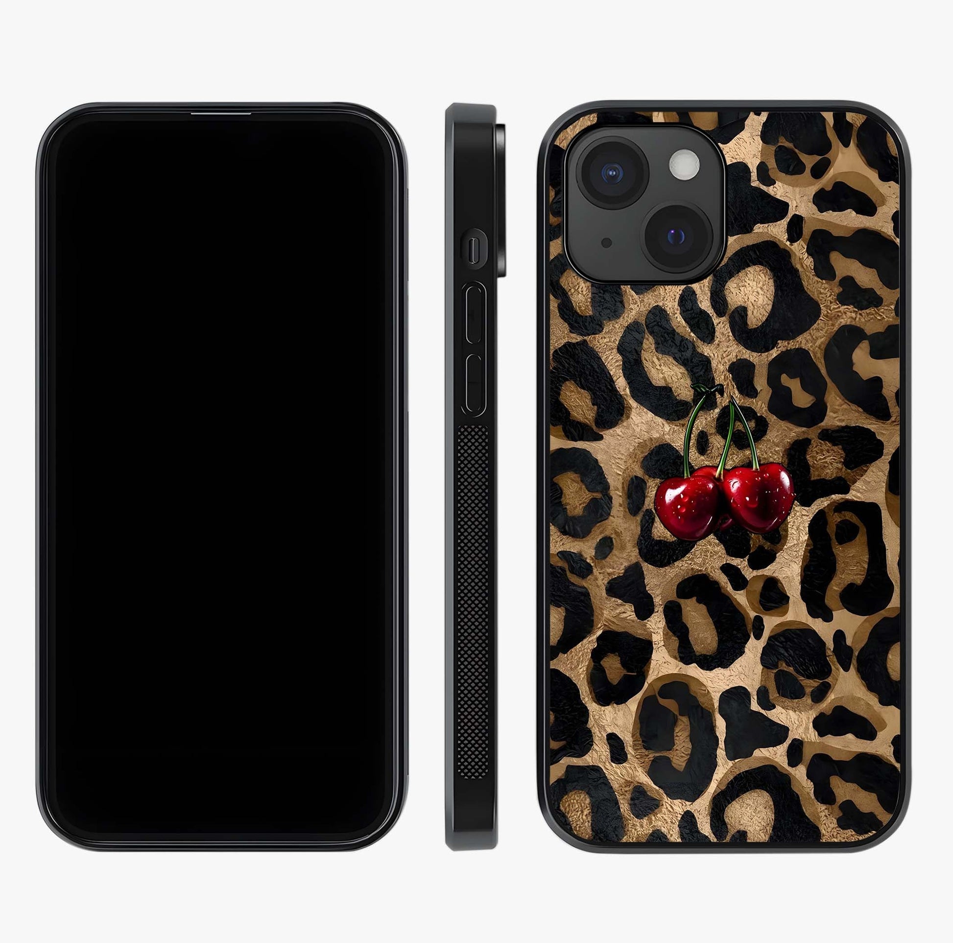 Leopard Wild Cherry Glass Case displayed upright for full design visibility and premium finish.