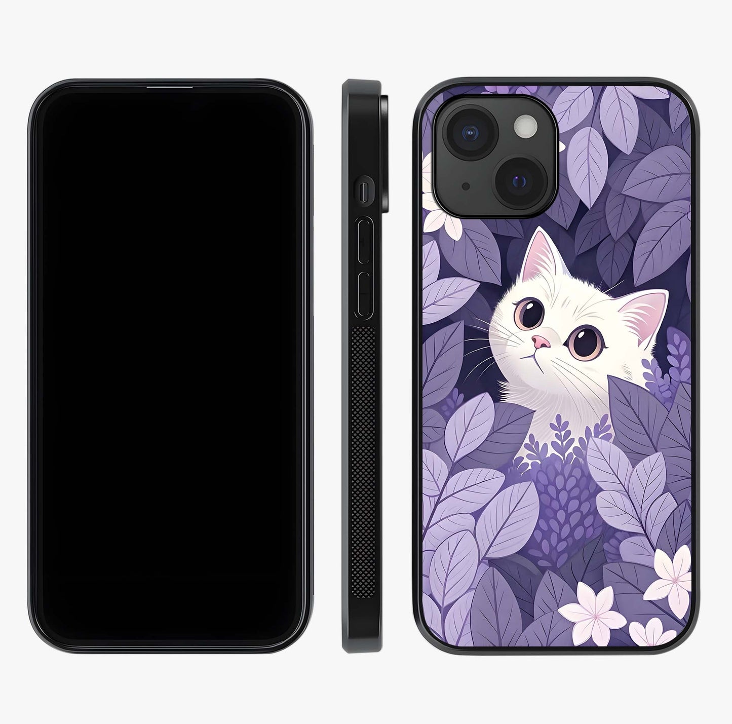 Lilac Hide Peek Cat Glass Case displayed upright for full design visibility and premium finish.