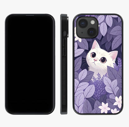 Lilac Hide Peek Cat Glass Case displayed upright for full design visibility and premium finish.