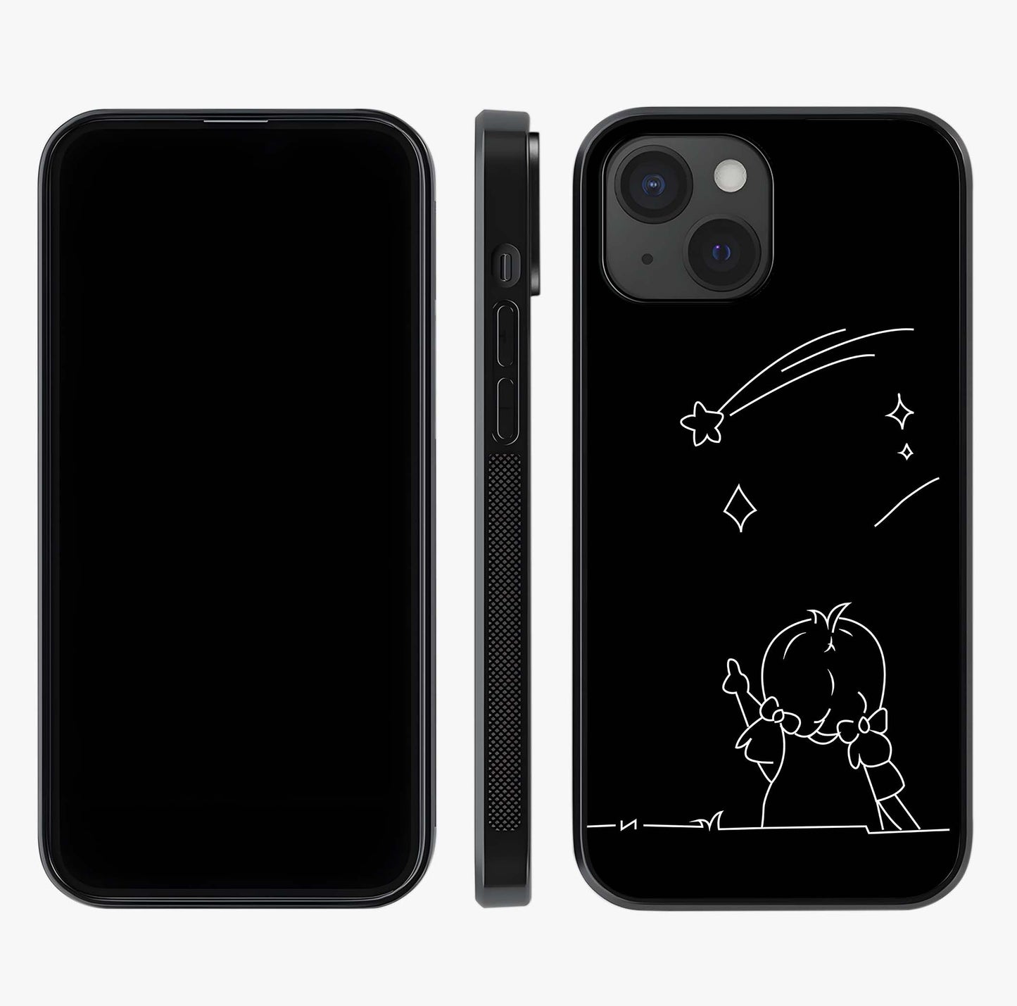 Line Art Girl With Shooting Stars Glass Case displayed upright for full design visibility and premium finish.