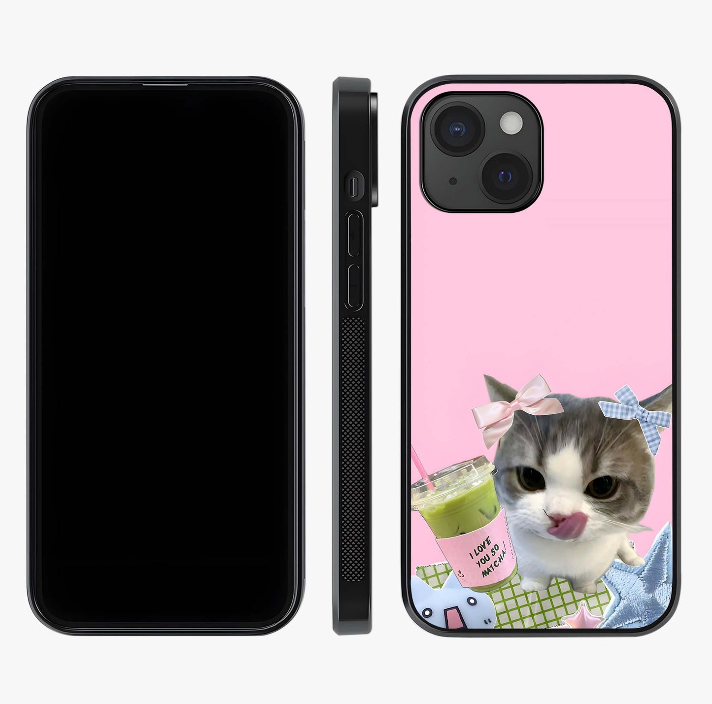 Love Matcha Cat Glass Case displayed upright for full design visibility and premium finish.