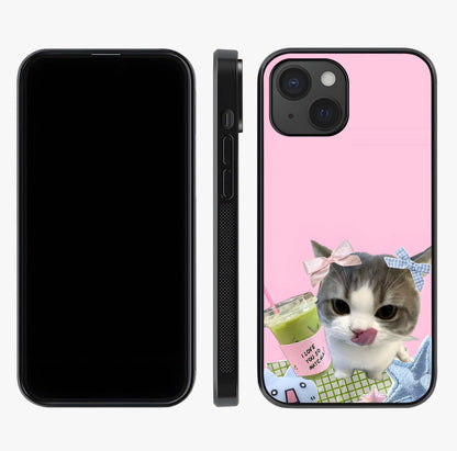 Love Matcha Cat Glass Case displayed upright for full design visibility and premium finish.