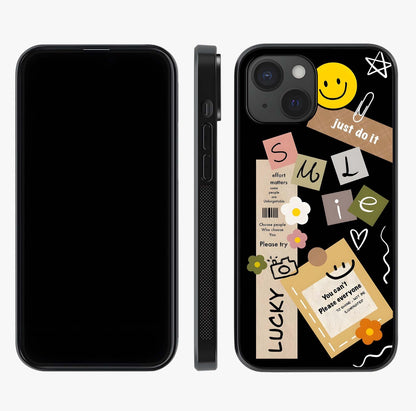 Lucky Aesthetic Collage Glass Case displayed upright for full design visibility and premium finish.