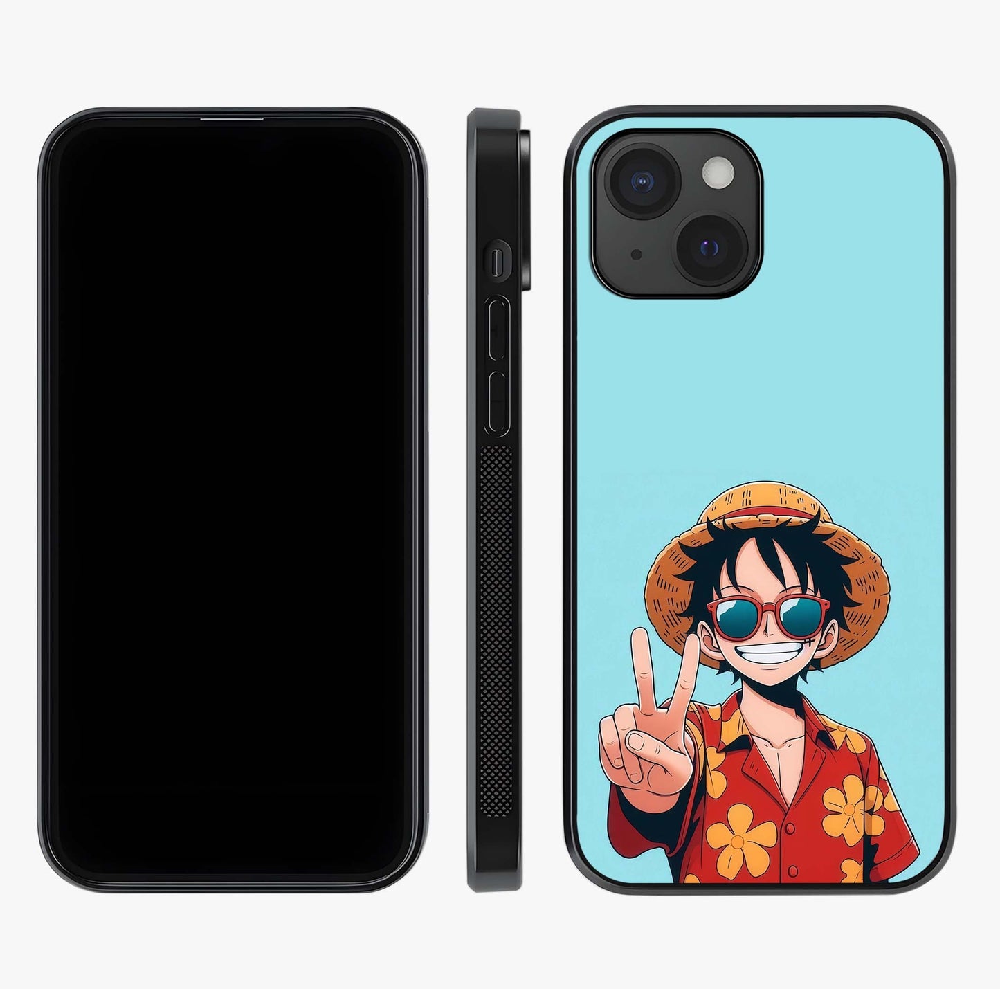 Luffy Summer Anime Vibe Glass Case displayed upright for full design visibility and premium finish.