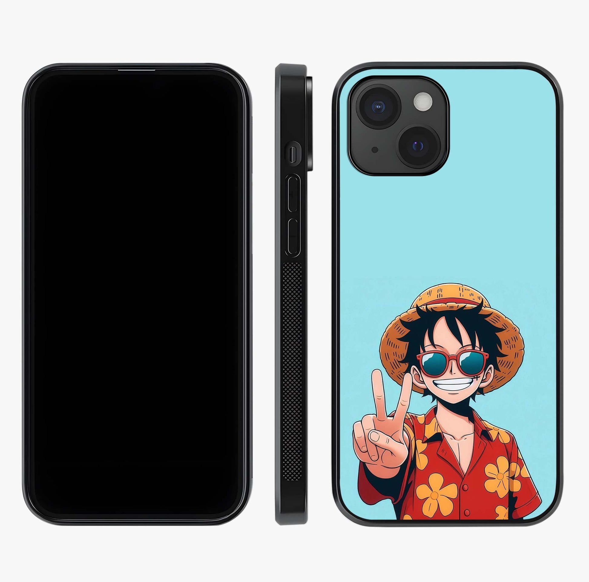 Luffy Summer Anime Vibe Glass Case displayed upright for full design visibility and premium finish.