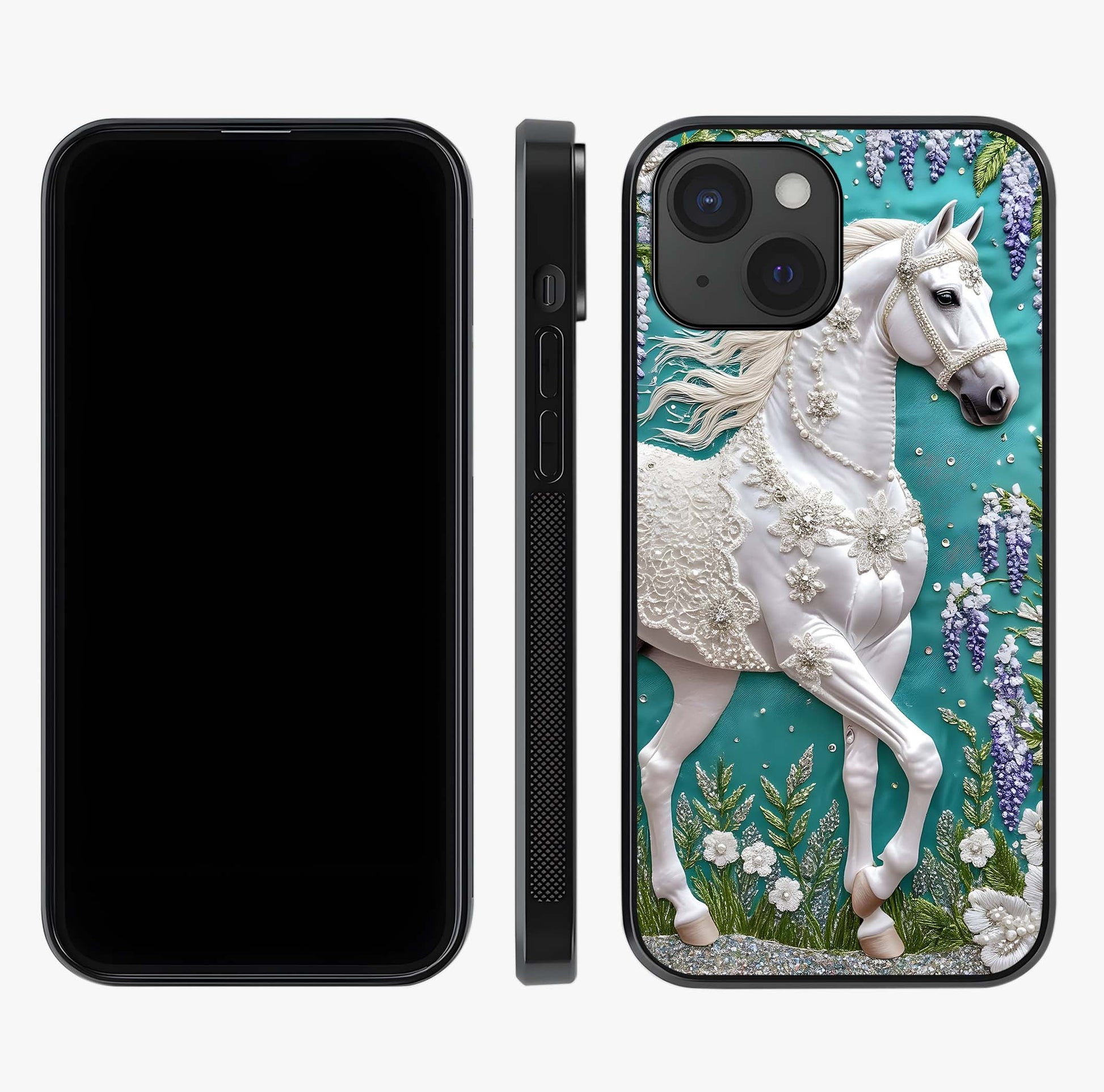 Majestic Floral Stallion Glass Case displayed upright for full design visibility and premium finish.