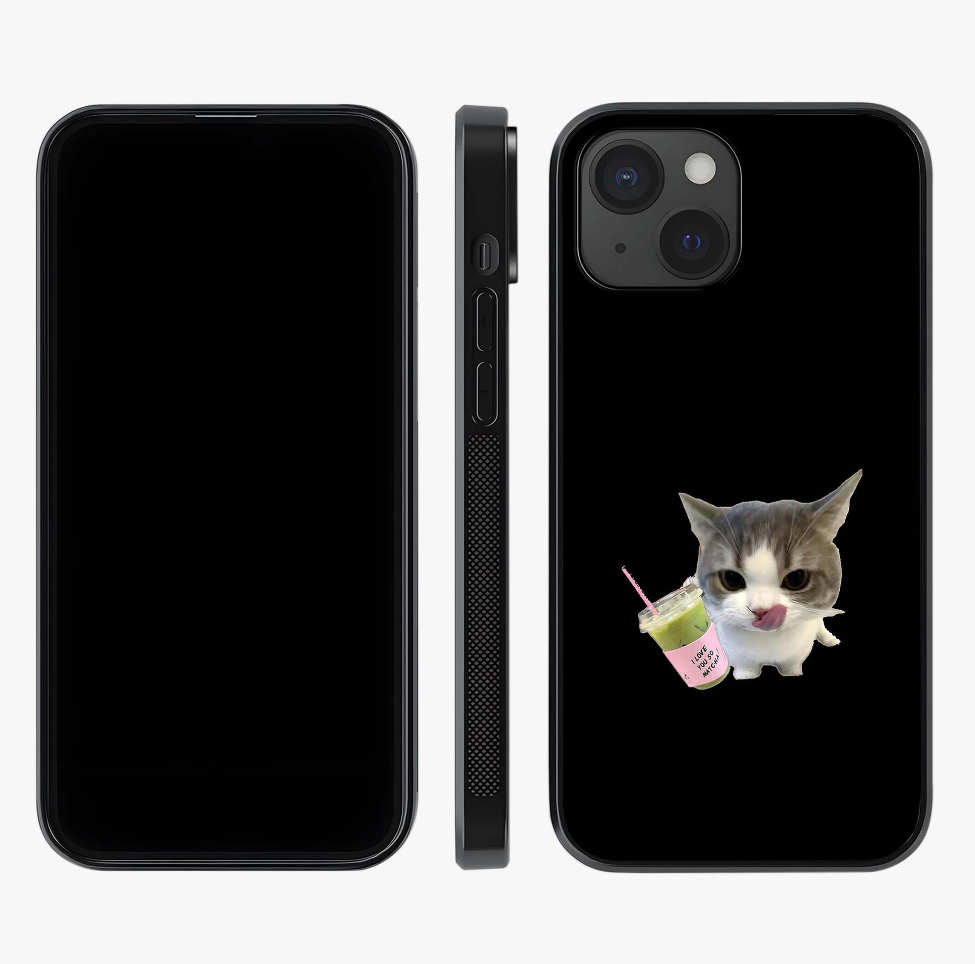Matcha Cat Style Glass Case displayed upright for full design visibility and premium finish.