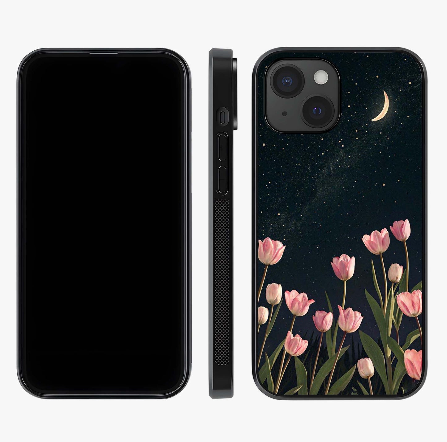 Midnight Tulip Whispers Vibe Glass Case displayed upright for full design visibility and premium finish.