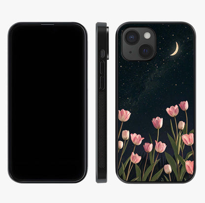 Midnight Tulip Whispers Vibe Glass Case displayed upright for full design visibility and premium finish.
