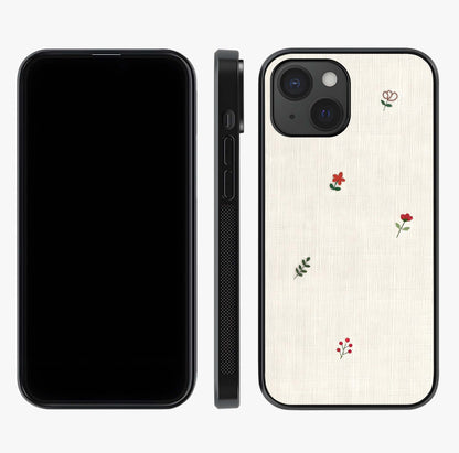 Minimal Petal Whispers Glass Case displayed upright for full design visibility and premium finish.