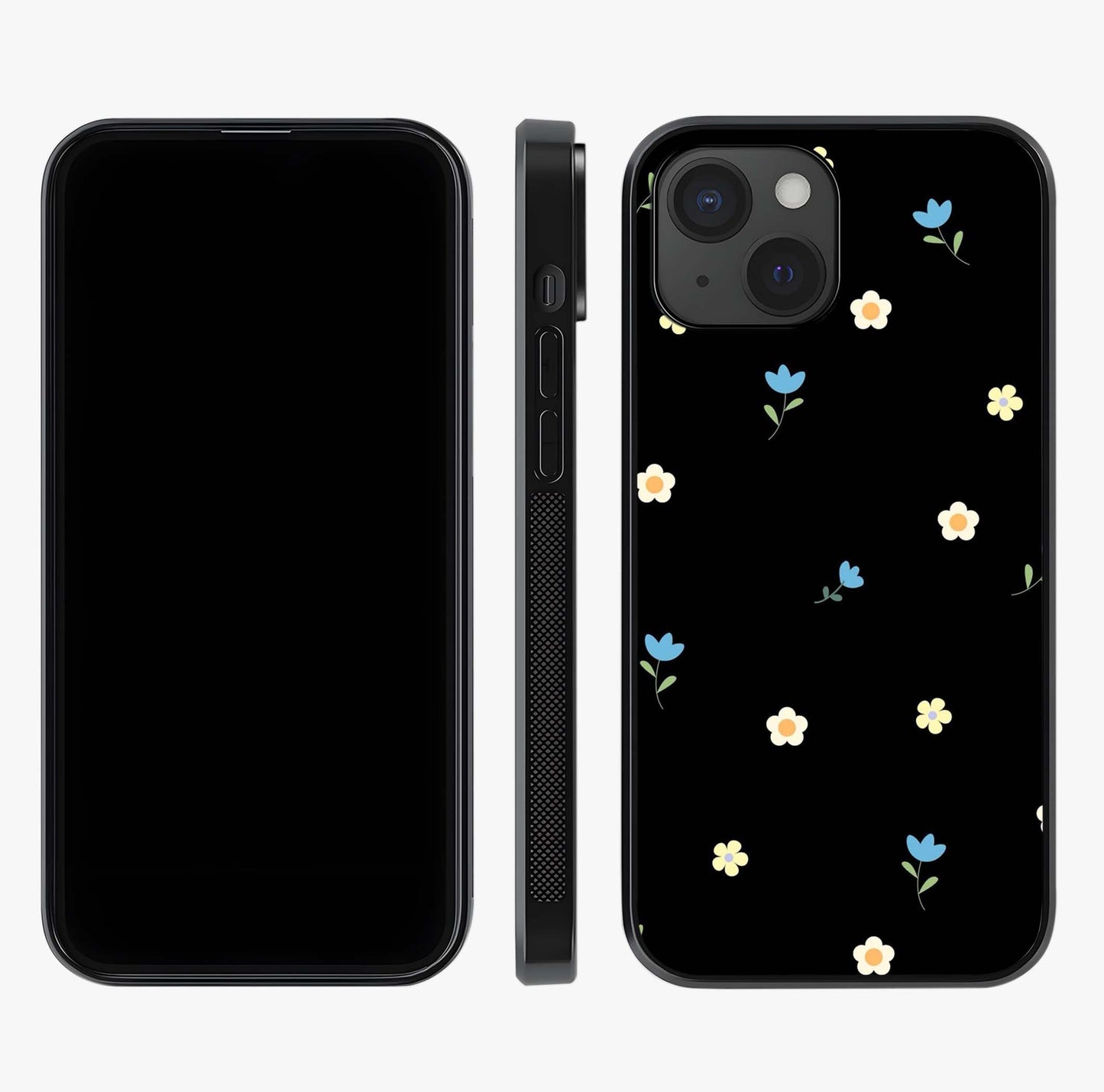 Minimalistic Blue With White Flower Pattern Glass Case displayed upright for full design visibility and premium finish.