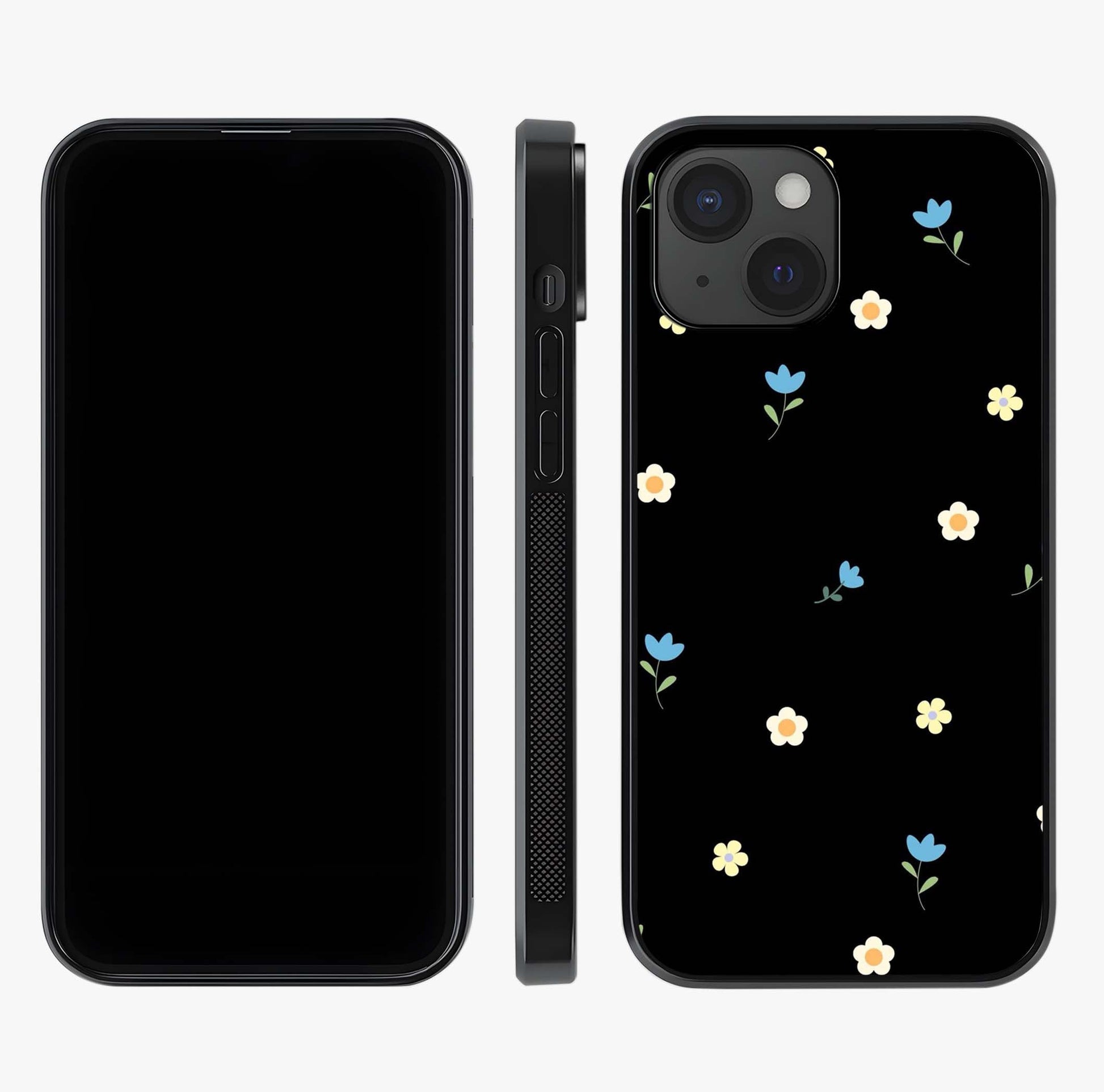 Minimalistic Blue With White Flower Pattern Glass Case displayed upright for full design visibility and premium finish.