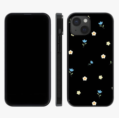 Minimalistic Blue With White Flower Pattern Glass Case displayed upright for full design visibility and premium finish.