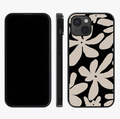Monochrome Petal Dance Glass Case displayed upright for full design visibility and premium finish.