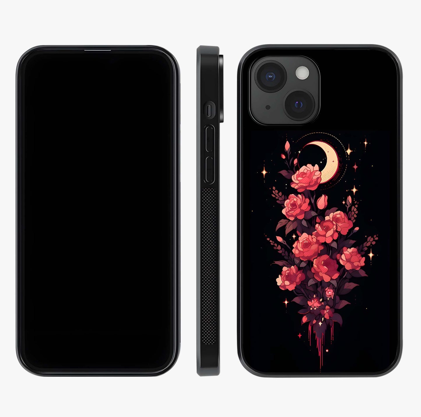 Moonlit Floral Elegance Glass Case displayed upright for full design visibility and premium finish.