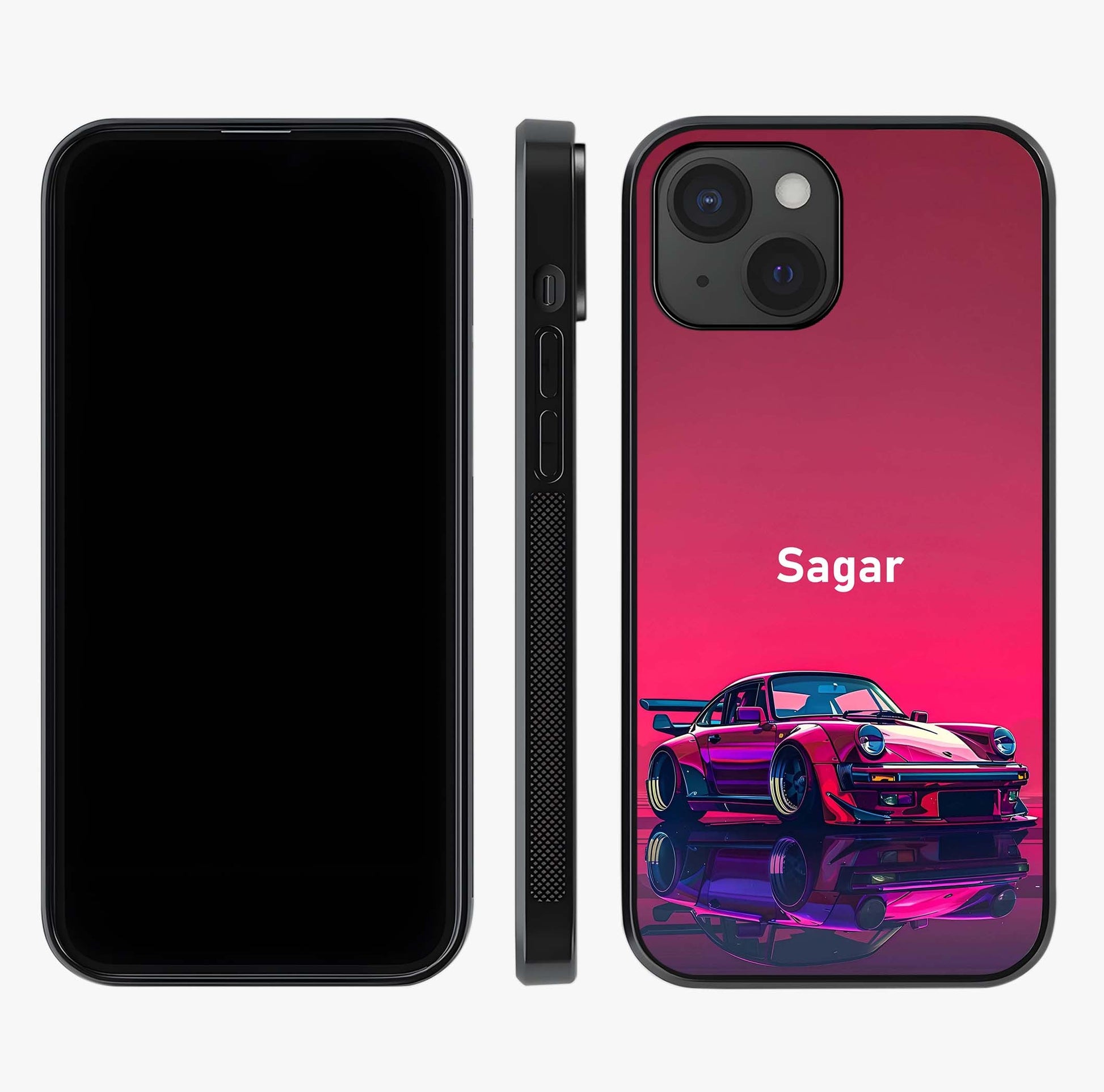 Neon Pink Porsche Glass Case displayed upright for full design visibility and premium finish.