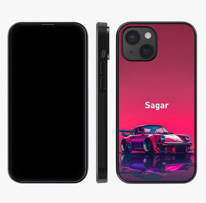 Neon Pink Porsche Glass Case displayed upright for full design visibility and premium finish.