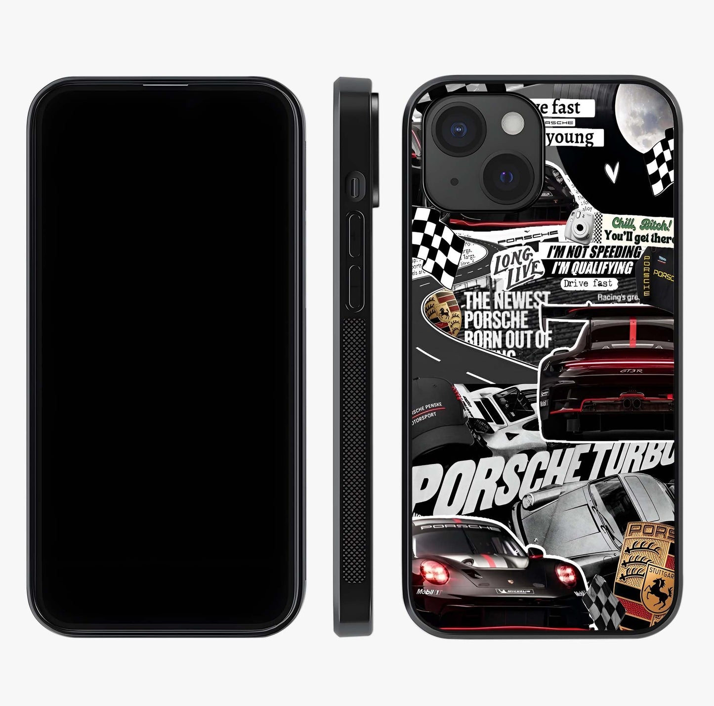 Porsche Racing Collage Glass Case displayed upright for full design visibility and premium finish.