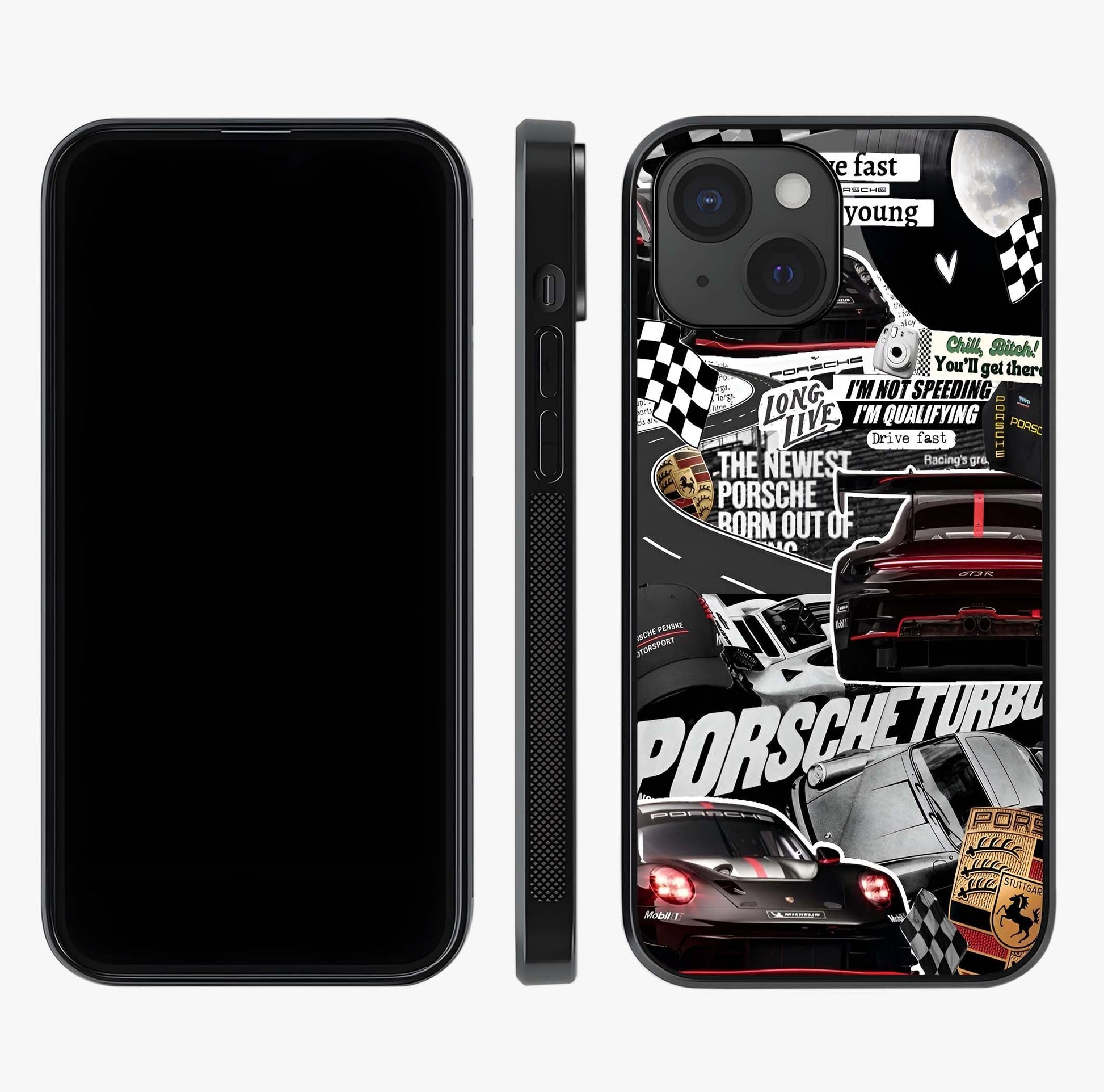 Porsche Racing Collage Glass Case displayed upright for full design visibility and premium finish.