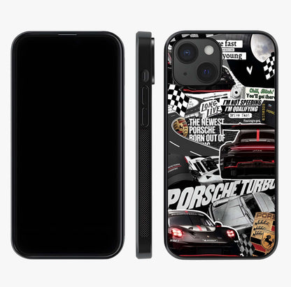 Porsche Racing Collage Glass Case displayed upright for full design visibility and premium finish.