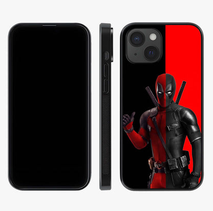 Red & Black Deadpool Theme Glass Case displayed upright for full design visibility and premium finish.