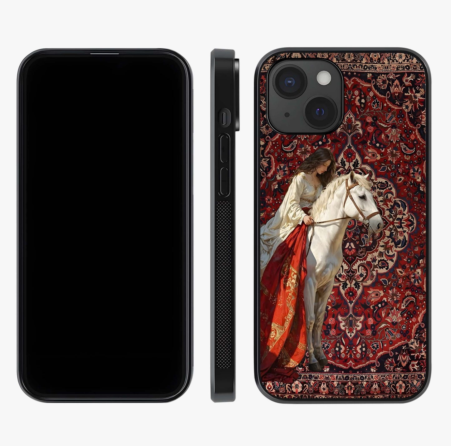 Royal Rider Tapestry Glass Case displayed upright for full design visibility and premium finish.