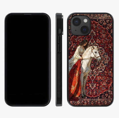 Royal Rider Tapestry Glass Case displayed upright for full design visibility and premium finish.